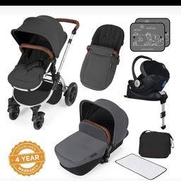 ikkle bubba v3 stomp travel system and car seat with isofix

Used but in good condition and full working order.. car seat and isofix included car seat also atatches to frame. You then have carry cot and cam then change to chair for seated position.. changing mat and car blinds never been used. Rain cover included but has turned slightly cloudy. Easy to use and manouver and colapsable and tyres can clip off easy.