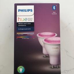 Philips hue White and Colour Ambience wireless lighting. LED. 5.7W. GU10. 2 bulbs included.
Brand new Never been used. Haven’t been taken out of packaging either. Only opened. 

Postage not included in price.