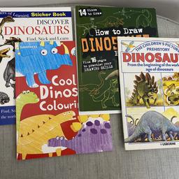 Dinosaur Colouring book, Stickers, Activity Book, How to Draw Dinosaurs and Picture book. 
All in good condition. Little bit of writing in the drawing book.
Collection ME14