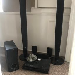 LG 5.1 surround sound system . Unbelievable sound . DVD player is intermittent so sometimes doesn’t spin the disc but after afew ejects it does work . All speaker cables with it . All you need is a optical cable £5 on Amazon .