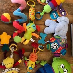 All in excellent condition except one that is in good condition.

The toy story alien- press it’s face and it lights up.

Blue elephant teddy from M&S brand new unwanted Xmas gift.

3 toys have clips for pram bars or high chairs etc.

ALL HAVE BEEN WASHED AND ARE READY FOR USE