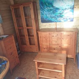 Selling our complete pine furniture set. 
🌟£200 for everything🌟
Includes display cabinet, Side unit, drawers and TV unit. 
All been very well looked after.
Really beautiful set ❤
Collection only please. Marston Green, B37 Birmingham. 
Please PM for further details.

Please check out my other items for sale 😊

Display cabinet: 
D: 30cm H:180cm L:77cm

Side Unit:
D: 39cm H: 97cm L: 112cm 

Drawers:
D: 48cm H: 102cm L: 39cm

TV Unit: 
D: 39cm H: 58cm L: 65cm