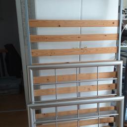 Silver metal bed frame- single size.
Good condition general wear and tear apart from one slat missing on base.
Collection only
