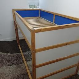 Pine children's mid sleeper / cabin bed. Ikea kura range. Have the blue canopy for £5 too if wanted. Size 209cm x100cm. Height 115cm tall. Good condition. Used for 2 years. Minor marks, but overall good condition. Ready for collection.