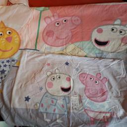 for cot bed or toddler bed 1 minnie mouse 1 peppa pig and 1 patch work design not pictured all come with 1 pillow case each set then there is 2 x toddler pillows and a duvet cover all good condition