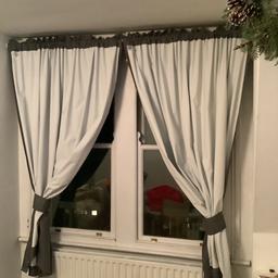 Two Window blackout curtains. Dark Grey outside, white inside. Very Dense, blocking sunlight completely. Long.

Amazon basics.

2 pieces
Size of each:
W 168cm
L 183cm