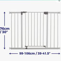 Easy One-Handed Operation w/ Smart Stay Open Feature
Fits Openings of 99cm-106cm
Gate Door Opens in Both Directions
Easy- Close Gate
Pressure Mounted.

comes with 2 pressure cups and will need 2 more. New in pack.