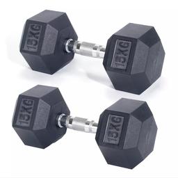 brand new boxed 15kg rubber hex dumbells total weight of 30kg.
also have a pair of 10kg, check out my page fir other gym listings also.
