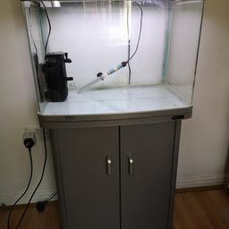 Aqua One silver seamless curved edge fish tank. Fully functional no leaks. Heater, lights and fluval internal filter all incl + working. Upgraded to bigger tank now surplus. Top has a small cut out approx 2 x 1 inch covered with duct tape. 
Tank 60 cm w x 37 d cm x 52 ht
Stand dimensions 60cm w x 37d x 72cm ht. Full ht is 124cm.
Guppies for sale too. Cash on collection delivery upto 20 miles £10.