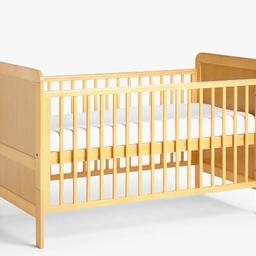 Very good condition, suitable from birth, adjustable height, natural wood colour, easily converts to a toddler bed by removing the side rails and dividing cot ends. Dimensions when assembled: L144.5 x W75.5 x H93cm. Comes with a mattress size 140 x 70cm.