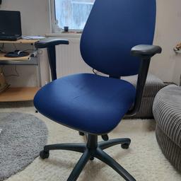 Heavy duty office chair with large back for extra support and sliding seat. Tilt mechanism.
5 Castors/wheels
Very strong and sturdy
High quality hard-wearing material - good clean condition.
Independent adjustable arms.
Full height adjustment
Sliding seat.
Adjustable back
Whole chair can tilt and lock.
Blue/navy hard-wearing material
No tears/rip
Can fit into back seat of a car (upside down).
I have been working from home but am returning to office.
The chair has not really had much usage.