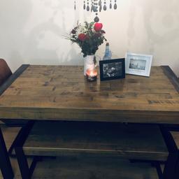 Next rustic bench with distressed metal work 

Pine wood 

Leather chairs costing £260 for the pair bench was £650 still in stock now

One candle burn so will need rubbing down Shown in pics table H78xw81x l 160cm