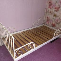 Selling this white IKEA metal bed. It can be adjusted in different lengths, making it into a small child’s bed to a standard single bed, it has about  3 or 4 adjusting lengths. All in good condition no damage, The mattress can go with it but if you don’t want it that’s fine, it has slight marks on it. It is already dismantled, as it shows in the picture. All screws are in tacked. Very easy to assemble it back again. 
Collection please