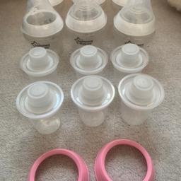 6 x SMALL Tommee Tippee Bottles

6 x milk storage pots

2 x optional pink lid rims for bottles (makes no difference to price)

Used for a few weeks but good condition 

NO TEATS INCLUDED