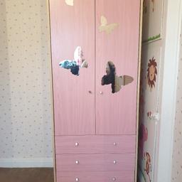 Pink childrens wardrobe with 3 drawers

Has mirrored butterfly stickers on the front which can be removed if you wish

Need gone asap as moving house very soon!

Dismantled and ready for collection