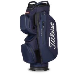 New Titleist Cart 15 StaDry Navy FEATURES 15 full-length dividers and a dedicated putter well Integrated cart strap tunnel with added protection Waterproof zippers with dual pulls Two velour lined valuables pockets Soft touch, multi-material top cuff with Tour-inspired integrated handles Wide opening ball pocket with dual zippers Two Pen caddies and large glove Velcro landing patch