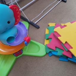 * Fisher Price Swirlin' surprise elephant ( hardly used has all the balls and music is working)
* Vtech pop up train ( hardly used )
* Whirly Rainbow Ramp (has all  the balls)
* Two pair of  book 
* Foam mats 
* car , plastic tools,  kids toy camera 

Selling all together for £15