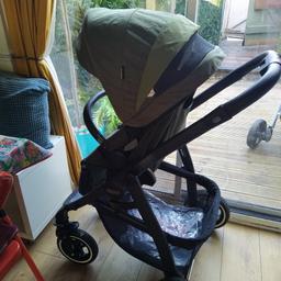 most parts never used .carrycot used twice .Been at grandparents due to lockdown not used pushchair seat ,raincover is new too as is the footmuff .carrycot as new no marks to chassis ,Has leatherette black handle and bumper .lovely pram with built in suspension and non puncture wheels .collect Warrington .