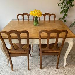French extendable dining table with 6 chairs.

Table seats 4-6 when not extended. 138cm long by 94 wide. Height 81cm.
Table seats 8-10 when extended. 240cm long by 94 wide.

In good order, table folds down well for transport or storing. One chair has slight damage but useable.

Collection only Banstead, Surrey SM7.