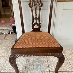 6 chairs in sturdy mahogany wood.
Height 1 meter
Depth 47cm
Width 48cm
Seat height 46cm

Priced well for a quick collection. No offers below £20

COLLECTION ONLY Banstead, Surrey, SM7