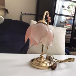 Brass swan neck shape pale pink glass shade. Has pink flowers on branches.