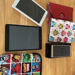 Ulefone S1 in near mint condition, used a handful of times, comes with case and box, a HP tablet in good working condition, an Alcatel tablet that suddenly went off and won’t come back on, maybe an easy fix, 3 tablet cases, one marvel.
