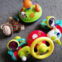Buggy driver in Very good condition amd fully working. Hardly played with.
Spinning top toy just needs new batteries, but works fine.
Clip on soft monkey rattle toy