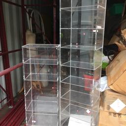 Plastic display towers ideal for shops or collectors items needing to be put on display sizes are 125 cm in height ,20 cm across the front , depth from the wall is 32 cm ,total of seven shelves selling as individual towers £25 each two available any questions just message us thanks for viewing.