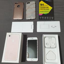 IPhone 7 Rose Gold 
32gb 
Boxed
New Earphones
Charger Block With 3m Fast charge cable
2x Tempered Glass Screen Protectors plus one on the phone 
Sim Tray Pin
2 Rose Gold Cases
Excellent condition Like new
ICloud has been removed and phone reset
Unlocked to all networks