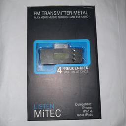 Metal build, not cheap plastic.
Play your music through any fm radio, with 4 frequencies tuned in at once.