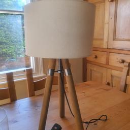 Wooden Tripod Table Lamp
 with Cream Lamp Shade 
Good Condition