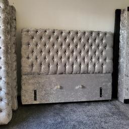 crushed velvet grey King size bed base with diamonds all around and head bord from floor up need gone quick would need a van to collect