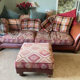 Originally from Barker and Stonehouse. Small mark on arm as seen on photo that will likely come out with some leather cleaner but is otherwise covered by cushion anyway. Other than that generally good condition. Comes in 2 halves and includes pouffe. 