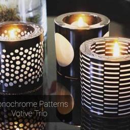 monochrome glass trio votive/Tealight holders
includes Tealight and wax chunk samples