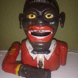 Fab jolly N***** cast iron money box. Vibrant colours. Eyes and ears move. Missing a screw by his hand but doesn't affect use. Bargain! Sorry no returns. I always post with tracking x