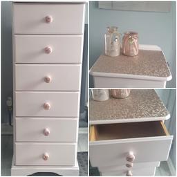 six drawer pine tall chest of drawers, hand painted in strawberry vanilla furniture paint with a satin finish. Topped with rose gold paper with rose decoupaged knobs)

Good condition, collection only from DY4

(accessories not included)