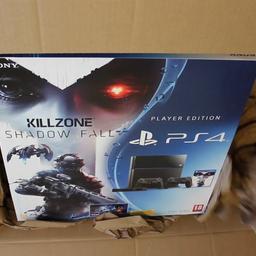 Player Edition Sony Playstation Console boxed.

Nearly new- opened to make sure it worked and never used (was put into storage shortly after being originally bought).

1 x Black Sony Playstation 4 Console....
1 x HDMI Lead....
1 x Plug Adapter Lead....
1 x Killzone Shadow Fall Game....
1 x Brand new- unused PS4 Controller....
PS4 unused.