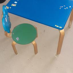 Children's table and chair.
Painted blue.
Stickers on but will wash off.
Used but good condition.
Table - 60cm wide, 40cm depth, 43cm high.
Chair - total height 54cm, seat height 24cm.
Collection only adhering to Government rules on Covid19.