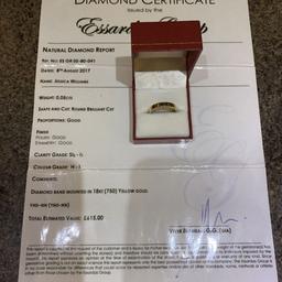 750 18 carat Essardas group gold 3 diamond size V ring with certificate comes in box postage 2nd class recorded delivery.5.1 grams... NOT SCRAP PLEASE SEE PICTURES...postage 2nd class recorded delivery £4.30 pay pal to buy to antheacharles220@gmail.com please contact me before making any payment thank you Anthea xx Condition:
Used: An item that has been previously worn. See the seller’s listing for full details and description of ... Read more
Modified Item:	No
Main Stone:	diamond	Country/Region of Manufacture:	Unknown
Main Stone Creation:	Natural	Fancy Diamond Colour:	Gold
Cut:	round brilliant cut	Style:	band with 3 diamonds
Occasion:	anytime	Certification:	GIA
Metal:	Yellow Gold	Clarity:	SL2-L1
Brand:	Essardas group	Secondary Stone:	n/a
Ring Size:	V	MPN:	n/a
Total Carat Weight (TCW):	0.05 CTS	Ring Shape:	band
Diamond Colour:	GRADE H-I	Main Stone Treatment:	n/a
Main Stone Shape:	Round	Metal Purity:	18Car