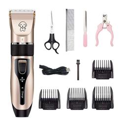 ✅Sharp titanium blade combining with the ceramic movable blade for efficient and long term cutting. 
✅Adjustable Clipping Comb - With 4 attachment guide combs. Perfect for large, medium and small dogs or cats
✅Low Noise - It only emits low buzzing noise that will not intimidate your pet 
✅Rechargeable and Cordless 
✅Dog Grooming Clippers Kit - 1 * Pet Clipper; 1 * USB Cable; 1 * Cleaning Brush; 4 * Comb Attachments; 1 * Scissors; 1 *Comb; 1 * Nail Clipper; 1 * Nail File; 1 *User Manual.