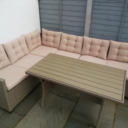 Lovely poly rattan garden lounge set for your garden

The corner sofa consists of 2 large seat elements (175cm + 165cm), 6 removable cushions, 7 back cushions and a table

Can be dismantled to move.

 Total dimensions seat element 1 (LxWxH) : 175 x 66 x 73 cm (5.74 x 2.17 x 2.4 ft)Total dimensions seat element 2 (LxWxH): 165 x 66 x 73 cm (5.41 x 2.17 x 2.4 ft)Total dimensions table (LxWxH): 130 x 70 x 67 cm (4.27 x 2.3 x 2.2 ft)Total length furniture set: 230 cm (7.55 ft) Material frame: Steel