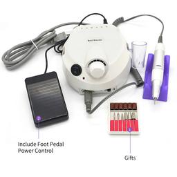 Electric Nail Drill Machine(Power Supply & Control) 
1 x Handpiece 
1 x Silicon Stand 
1 x Foot Pedal Power Control
6 x Metal Grinding Drill Bits 
6 x Sanding bands 
1 x User's Manual
30x Burrs Nail File Drill Bits Set
100x Sanding Bands with degree 120"
1× Ceramic Nail drill bit