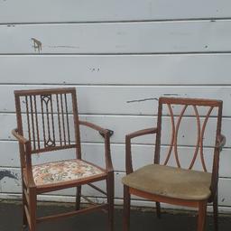 Married pair of vintage and Antique chairs.
Both structurally sound. Good for WfH. 

The one on the left dates to post aesthetic period (early 1920's), has brass inlay detail to the back and arm rests plus some masterful repair work.

The one on the right is a mid century G-plan model.

ignore the app delivery fee 

  *Free delivery if Local* or £1/mile thereafter