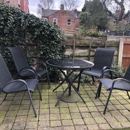 Black garden table and chairs.
Umbrella and base included.
Collect from Cheadle Heath.
