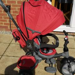 Great condition Q play nico trike from smyths in red could be used for girl or boy.
Suitable for 12 to 36 months as goes from stroller to trike.
Has an adjustable telescopic parent push bar. 5 point safety harness with pads and detachable safety surround bar. Rear basket with zip up bag and storage bag on handle. Extendable canopy with window so can see child. Non slip pedals, infant footrest and foldable middle footrest. Reclining seat and bell. Collection only