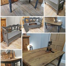 Solid pine dining table industrial style grey painted finish. Storage Monks Bench. 
Table priced at £130. 
Bench price is £159. 
Any questions feel free to ask