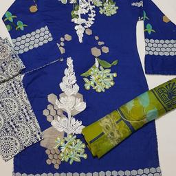 lawn stuff embroidered full shirt printed trousers chiffon duppata very beautiful dress very fine stitching smooth stuff same like pictures