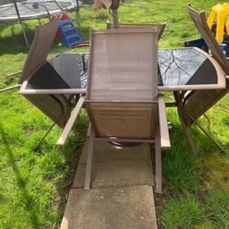 As seen, full patio set. Table, x4 chairs, sun canopy with stamd. All chairs stack, canopy is solar powered with lights all inside. Decent condition but it’s outdoors so has wear n tear. Sold as seen n collection only. Quick sale 30 quid