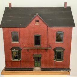 Late 19th / early 20th Century painted wooden six room dolls house with a gabled roof above a painted faux brick facade, 36ins x 36ins x 19ins approximately, this house is back opening. There are various splits to the front and back. Has some paint loss. Will need restoring. All the papers inside are original. 

Collection from Bury st. Edmunds, could possibly deliver within a reasonable distance, please ask.