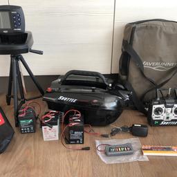 Wave runner shuttle bait Boat carp fishing 
Reasonable condition boat
Handset 
Original carry bag
3 sets of batteries 
Battery bag
Boat charger
Spare handset batteries
Matt for boat to sit on
Lucky colour echo sounder
Tripod
Additional battery for echo sounder
Battery tester
£600 dartford or can be posted 
07577240443